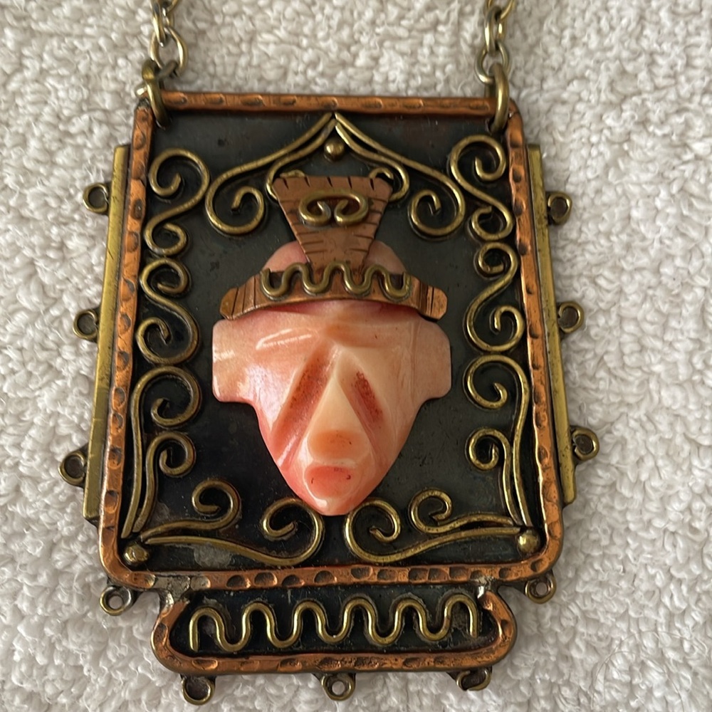 Vintage Aztec/Mayan/Mexican tribal necklace Folk art Copper Coral